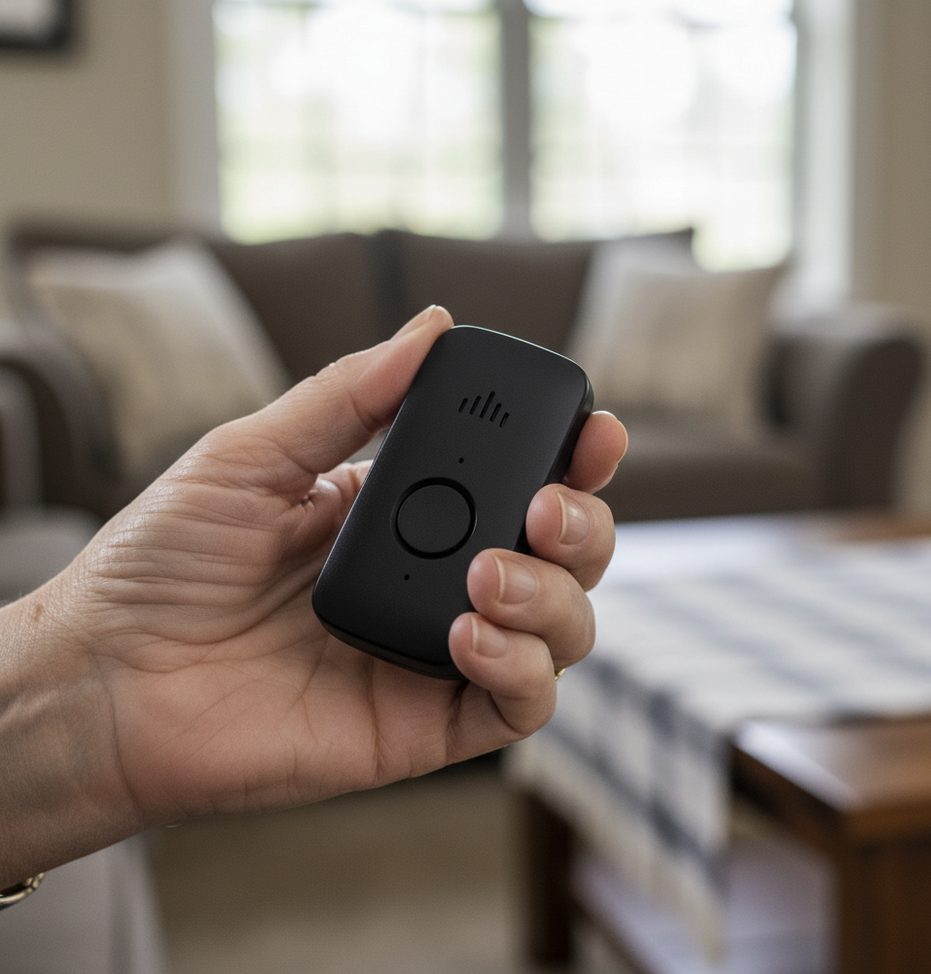 Hand holding the LifeShield medical alert device